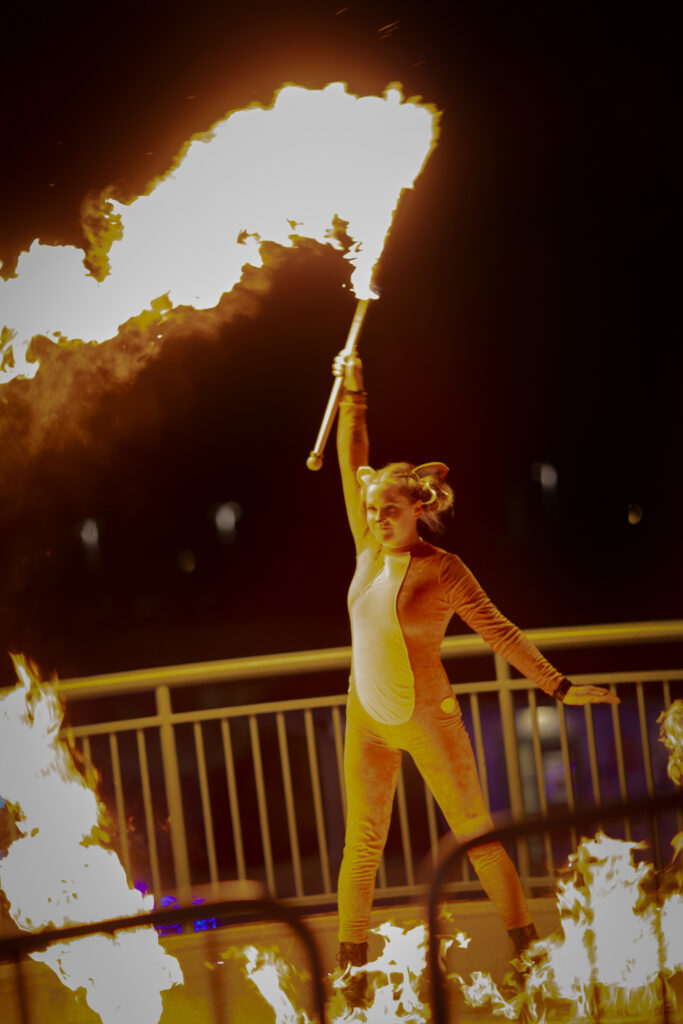 A person holding a flaming torch outdoors at night.