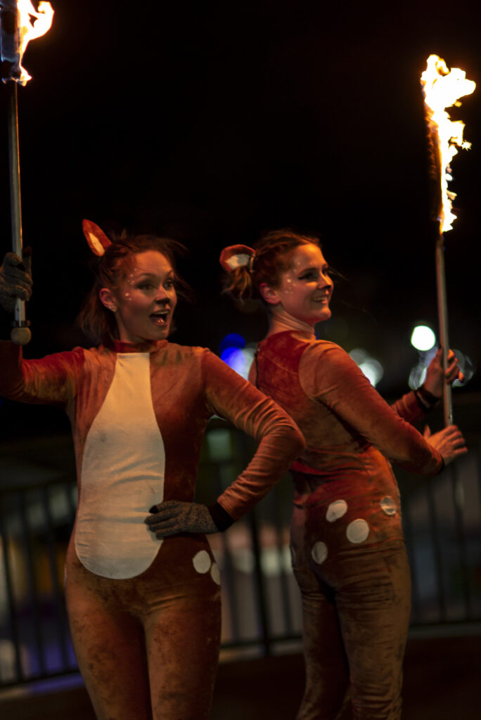 Two women in animal costumes holding torches at night.