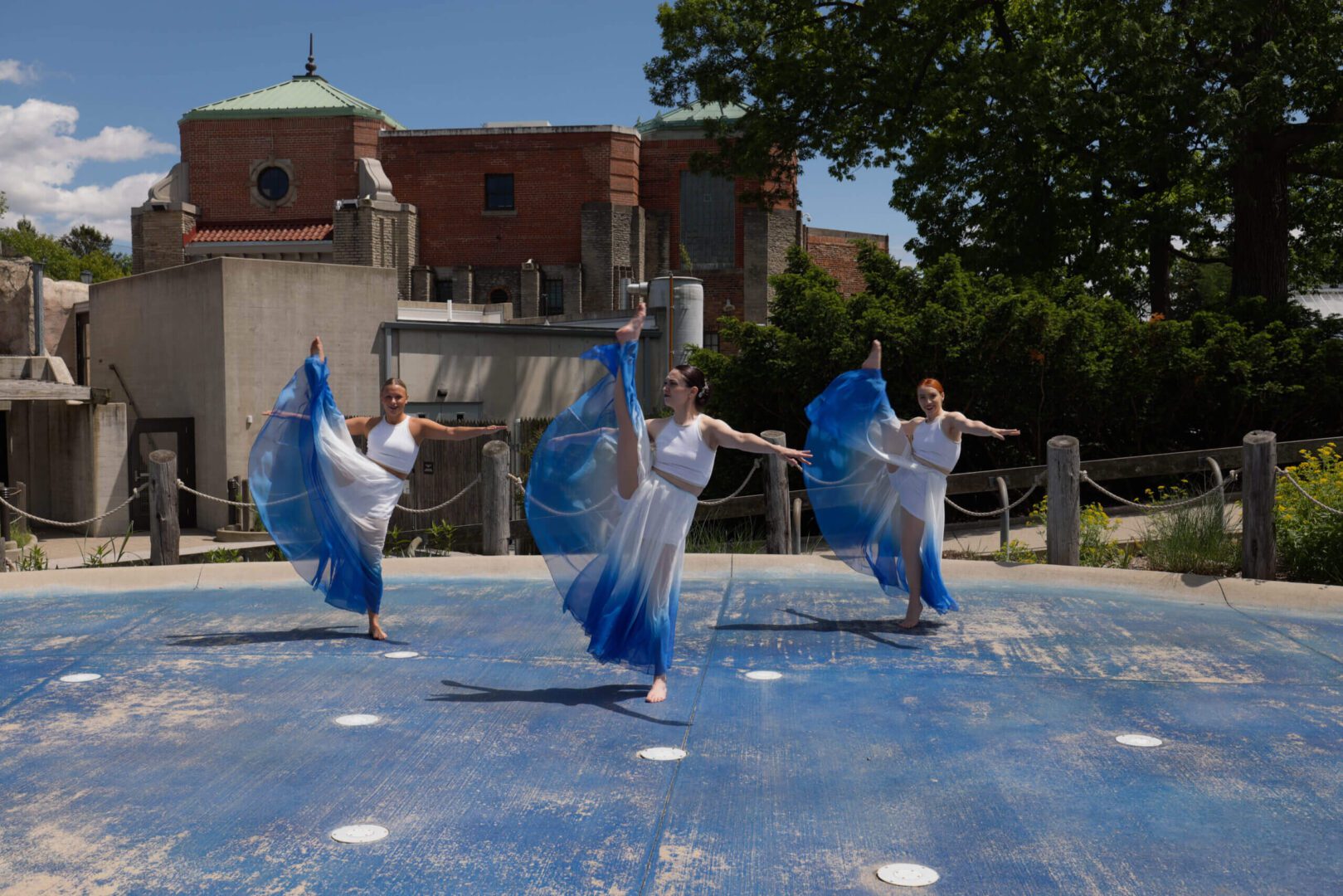 Dancers in blue and white costumes performing outdoors on a sunny day.