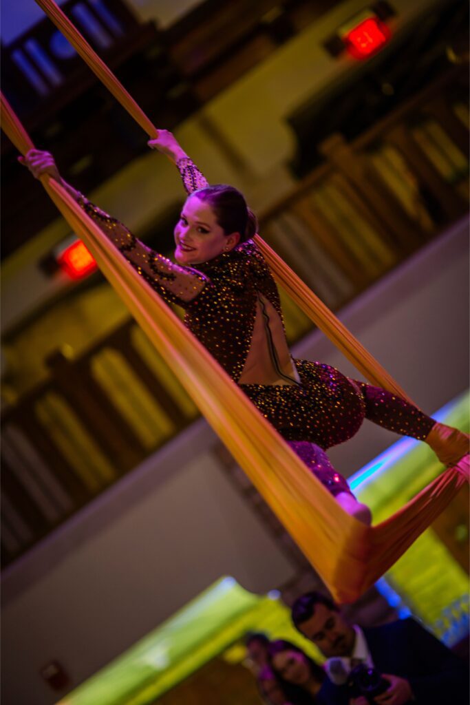 Smiling aerial silk artist in sparkling costume