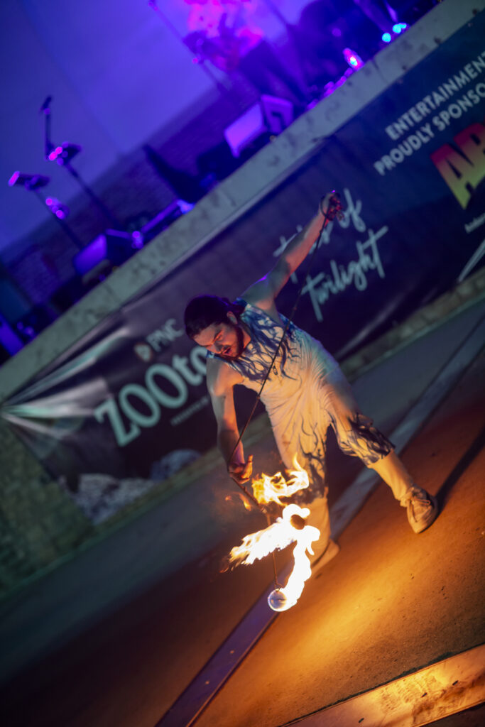 Fire performer twirling flaming poi onstage