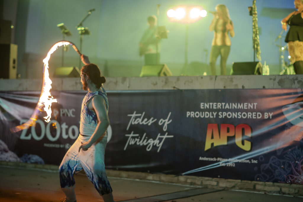 Fire dancer performing before live band