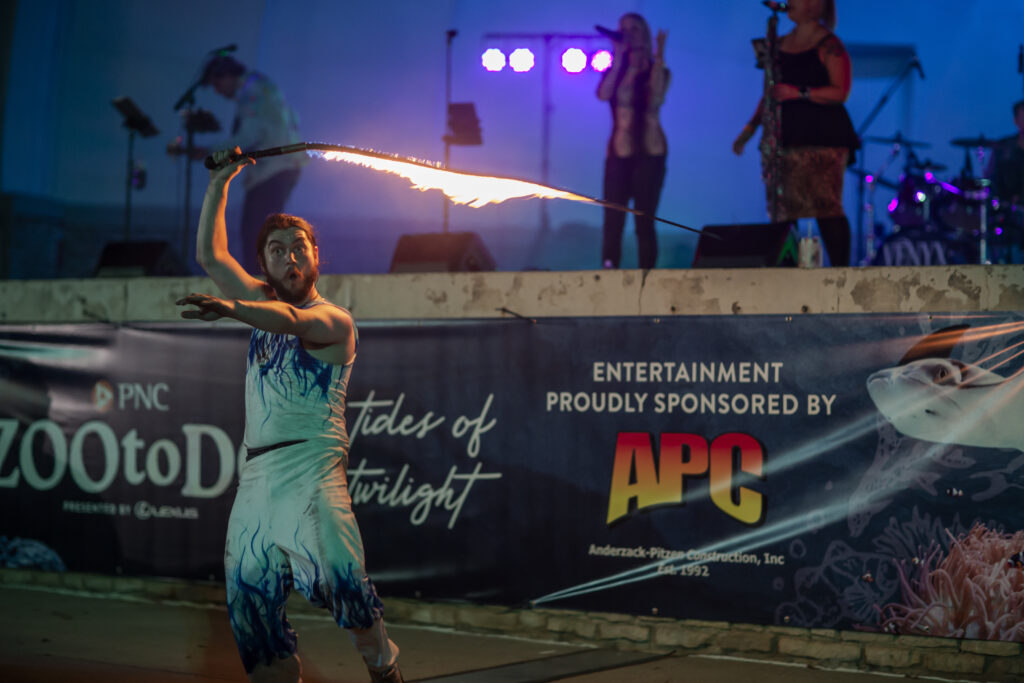 Nighttime fire dancer twirling flaming rope